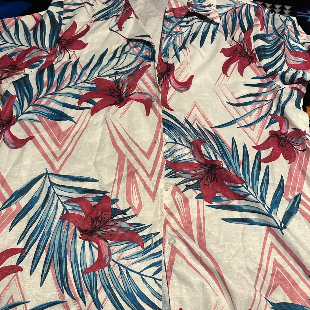 Floral Button-Down Shirt - White with Pink & Blue Print